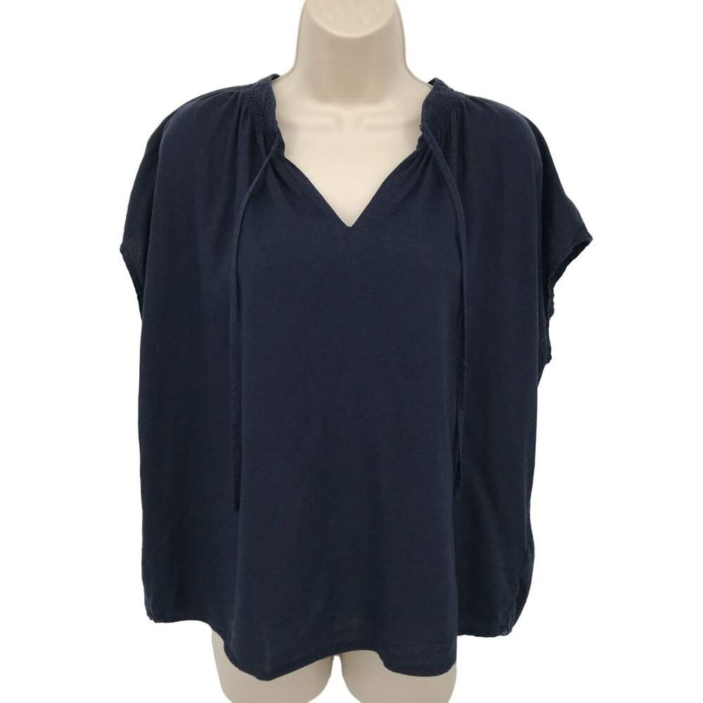 Mod Ref Womens Navy Blue Rayon Linen Blend V Neck Short Sleeve Blouse Size M